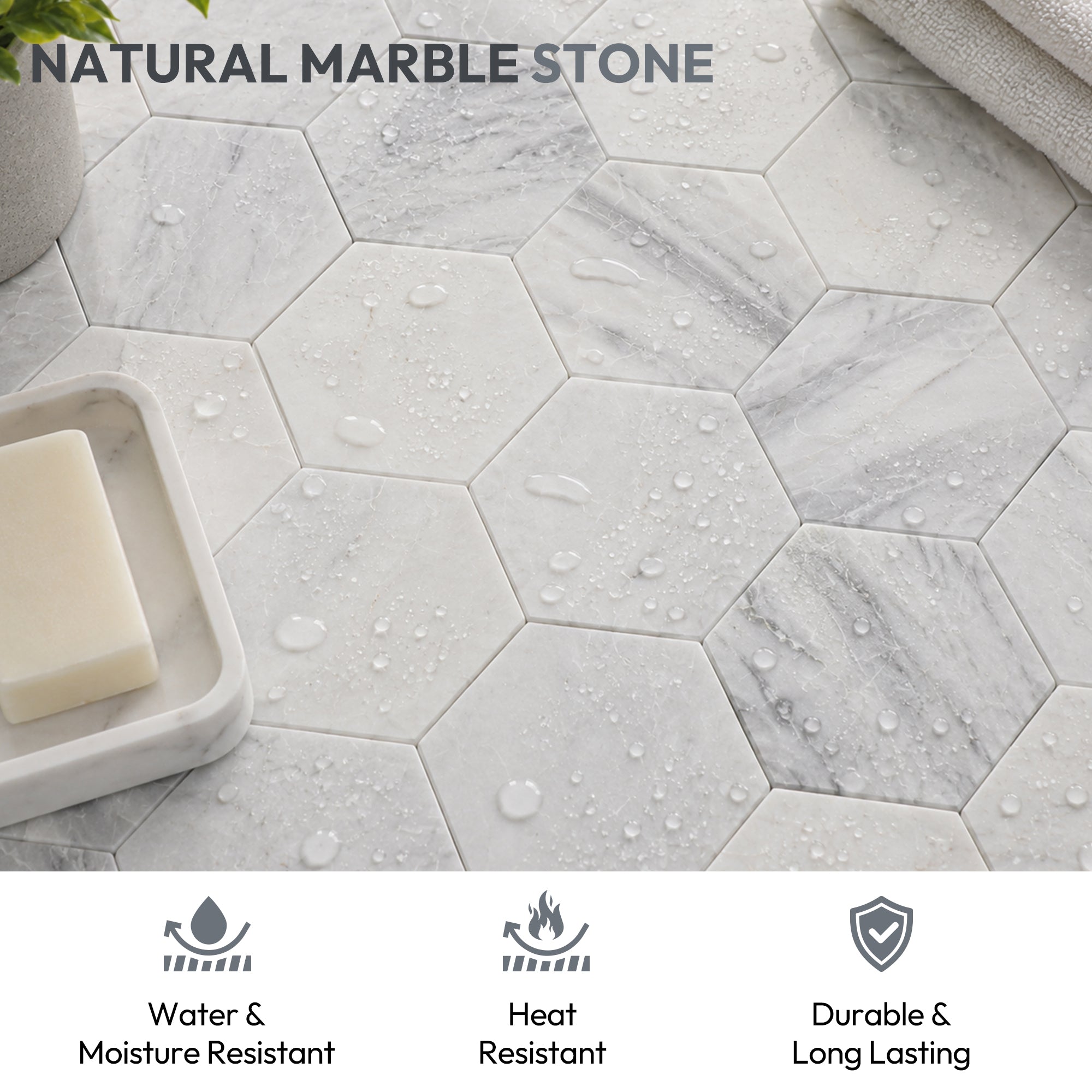 Besdor Natural Marble Mosaic Tile, 4 in Hexagon Andes Grey Honed, 5 Sheets