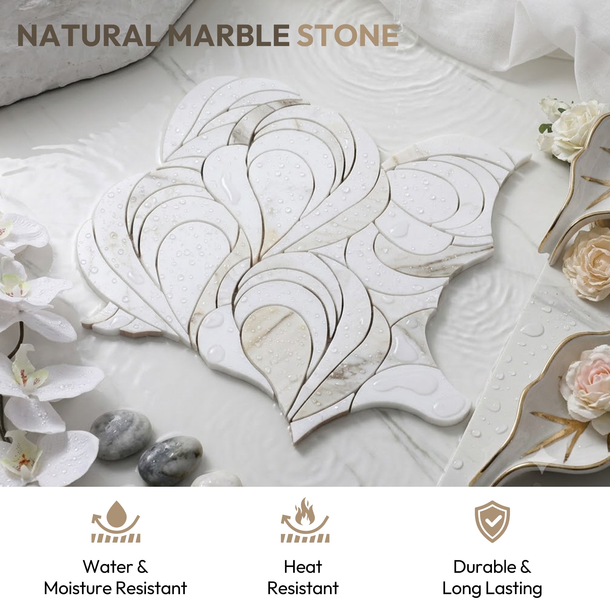 Natural White Marble Mosaic Tile, Petal Shape, Polished, 1 Sheet