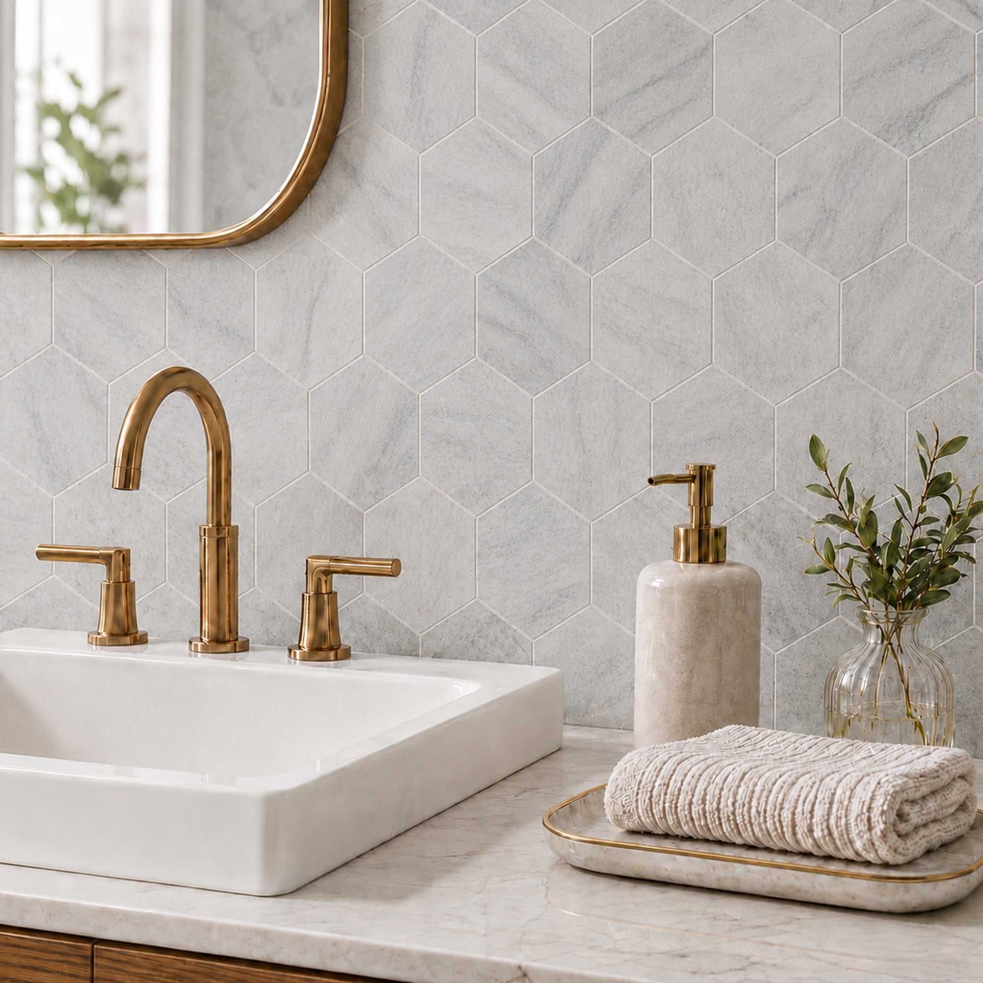 Besdor Natural Marble Mosaic Tile, 4 in Hexagon Andes Grey Honed, 5 Sheets