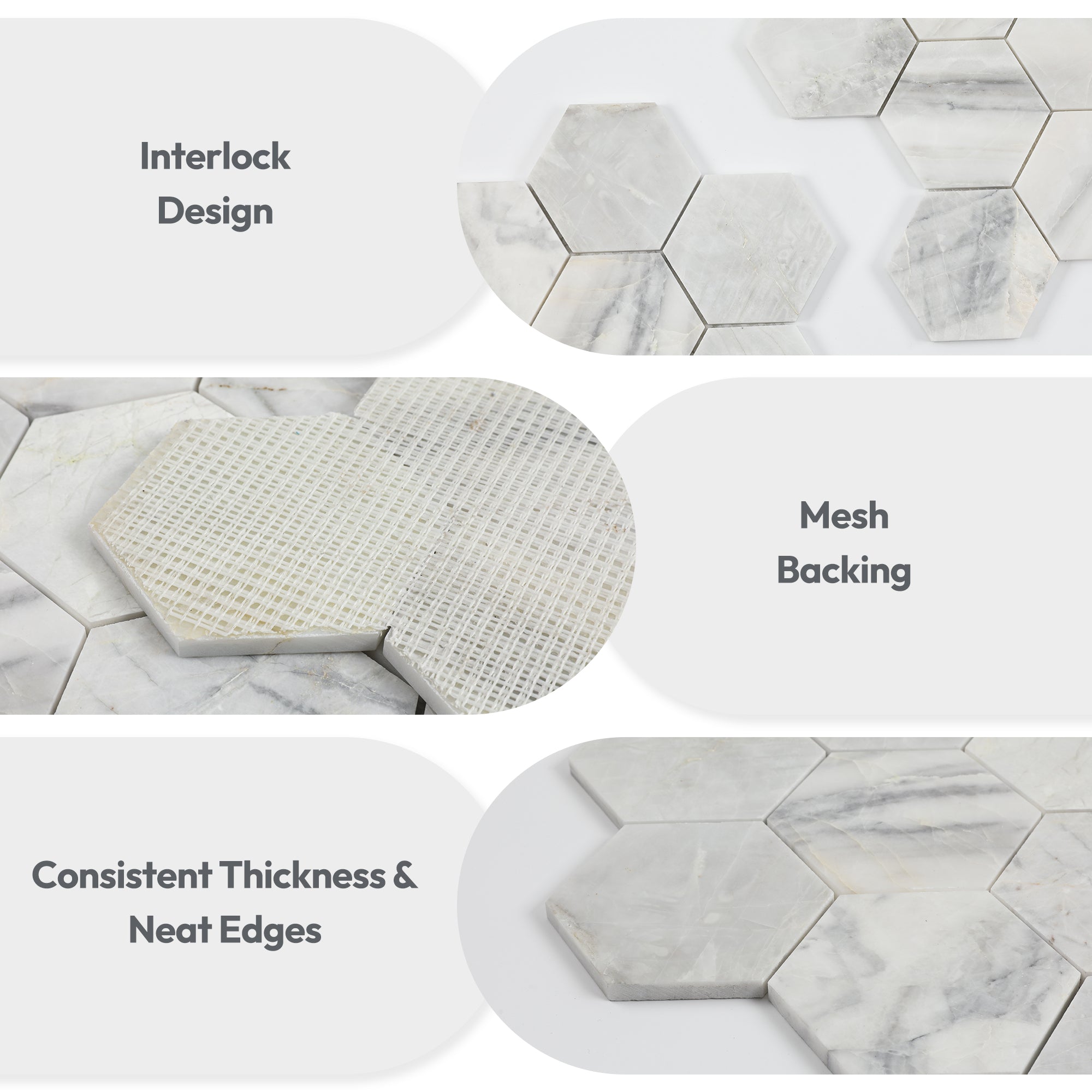 Besdor Natural Marble Mosaic Tile, 4 in Hexagon Andes Grey Honed, 5 Sheets
