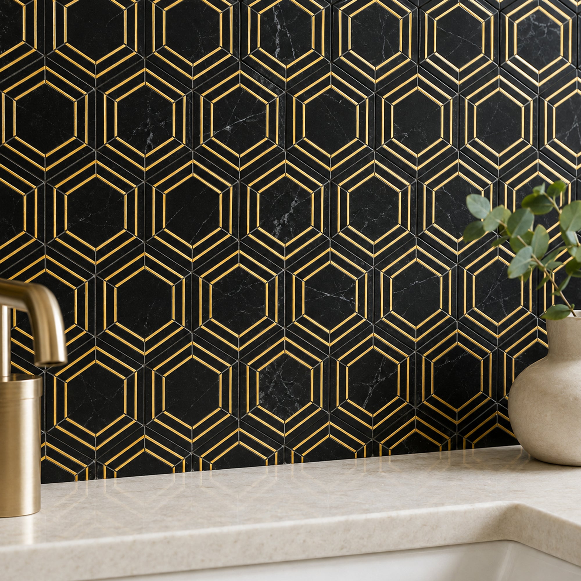 Besdor Black Natural Marble Hexagon Mosaic Tile, Polished, 5 Sheets