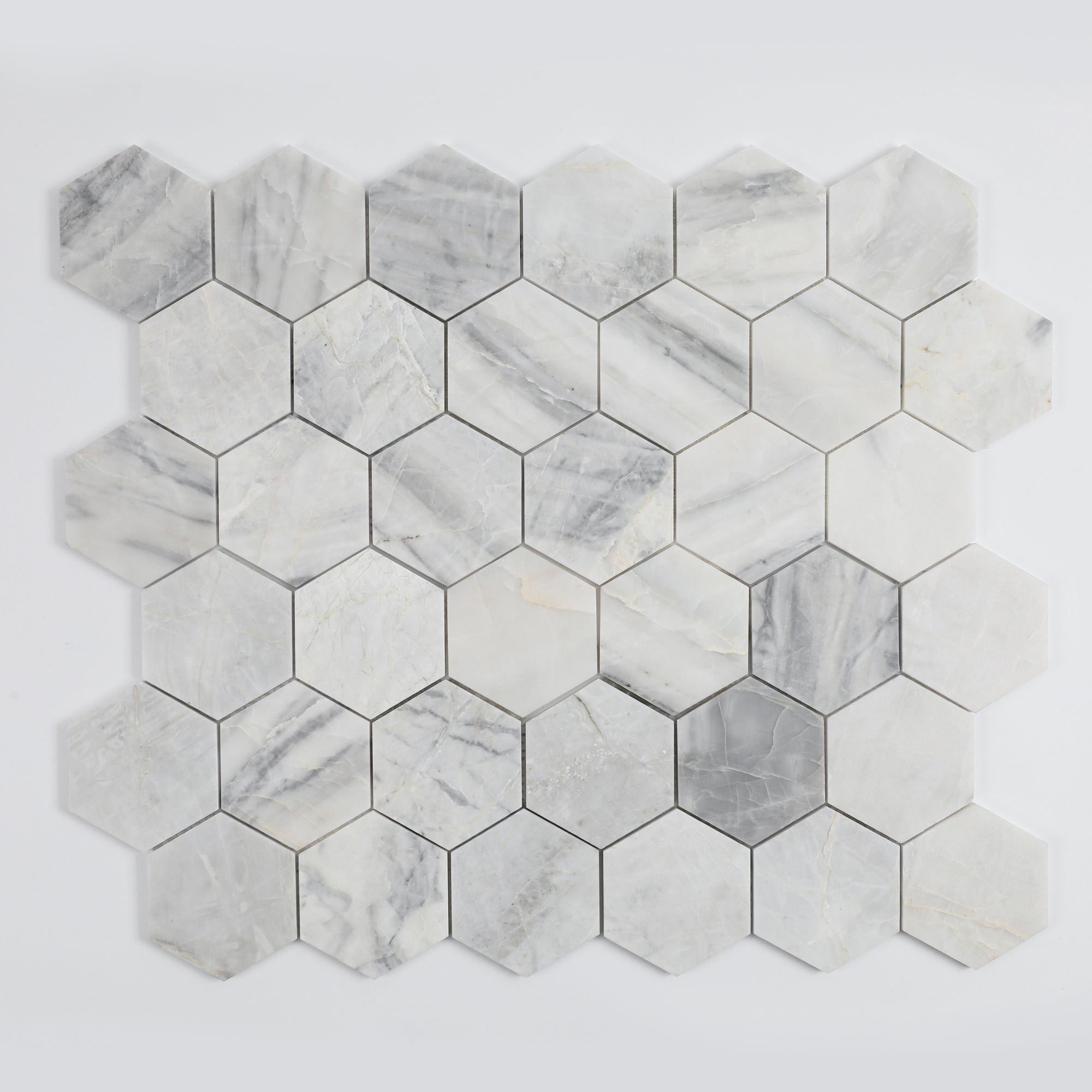 Besdor Natural Marble Mosaic Tile, 4 in Hexagon Andes Grey Honed, 5 Sheets