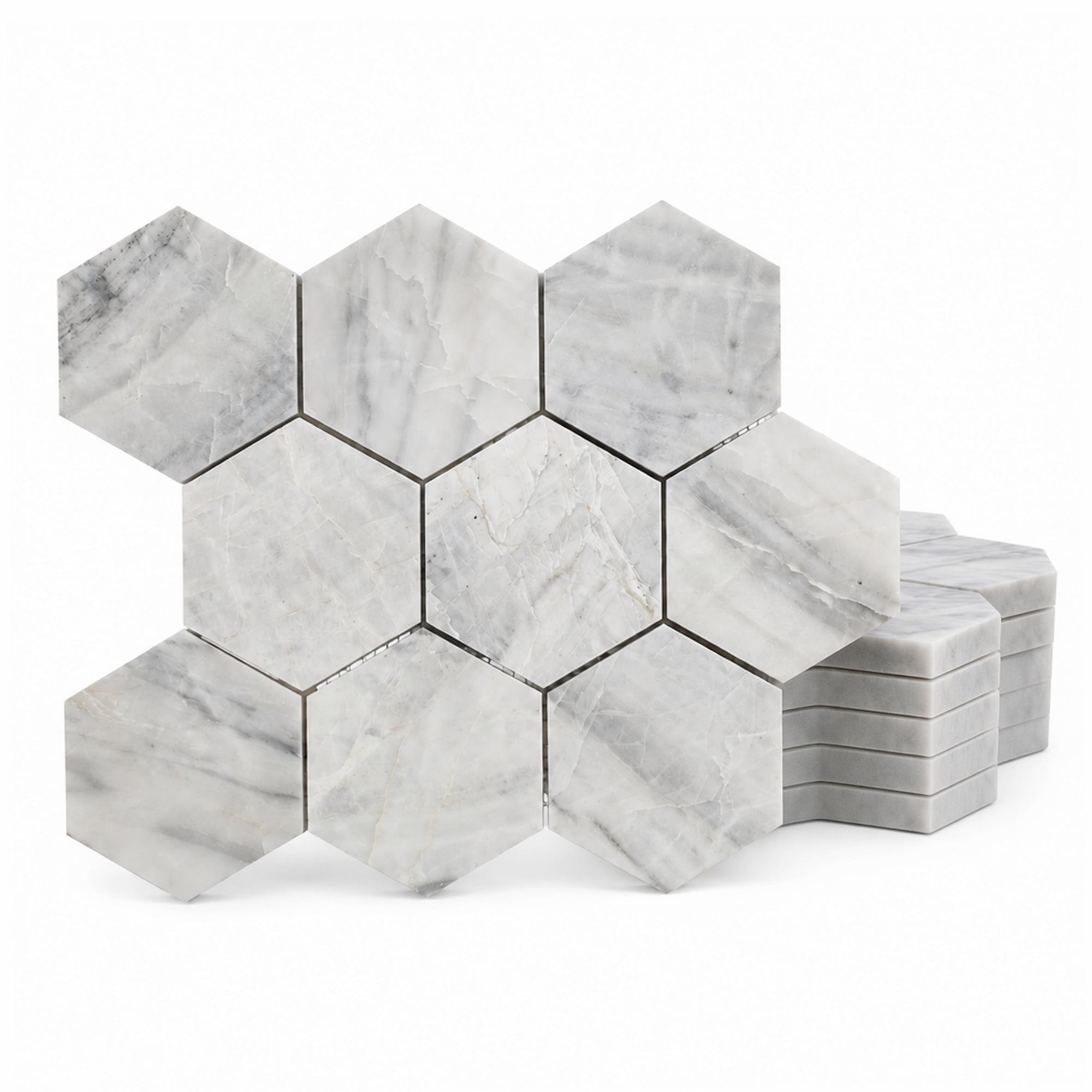 Besdor Natural Marble Mosaic Tile, 4 in Hexagon Andes Grey Honed, 5 Sheets