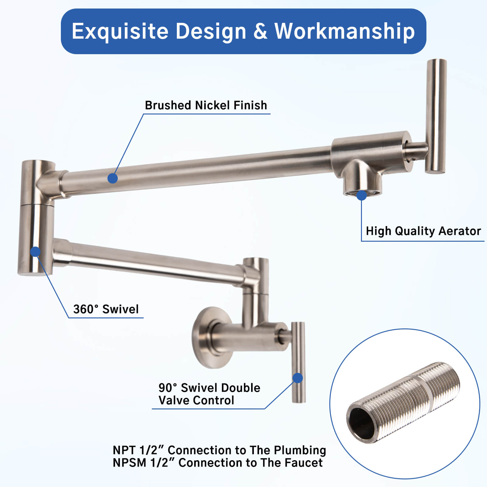 Besdor Pot Filler Faucet Stainless Steel Brushed Nickel (Lengthen)