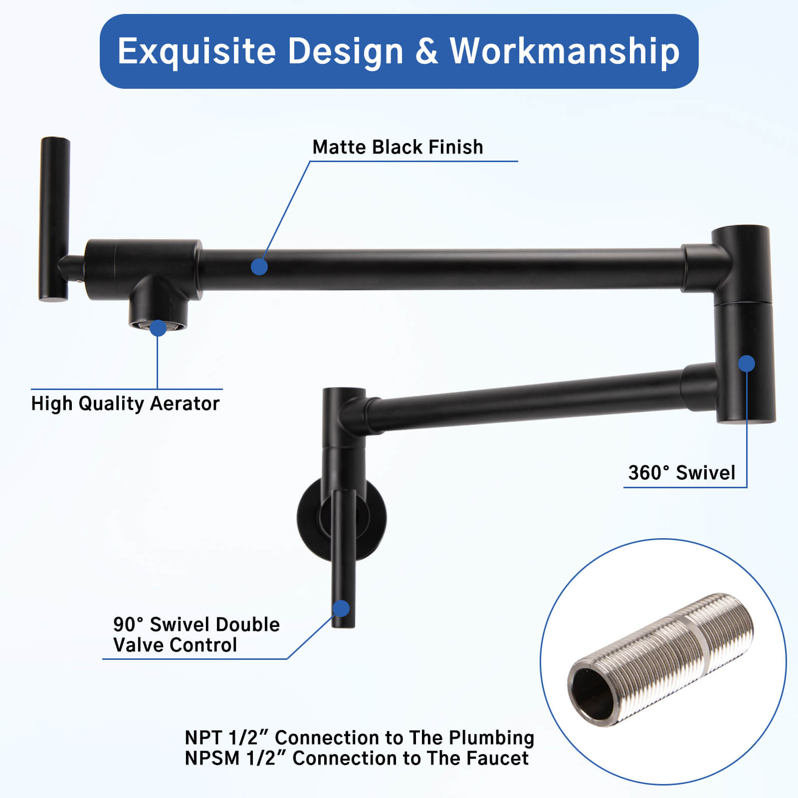 Besdor Pot Filler Faucet Stainless Steel Matte Black (Lengthen)